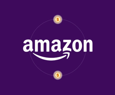 Amazon logo with purple background and dollar signs