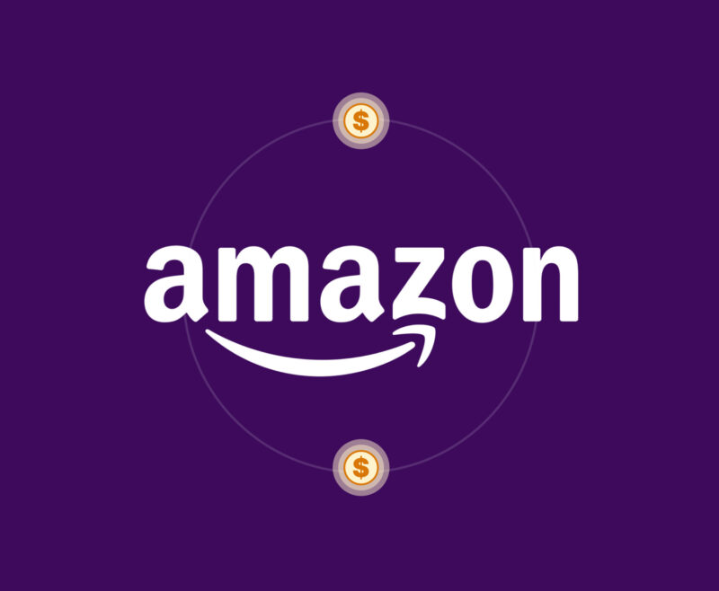Amazon logo with purple background and dollar signs