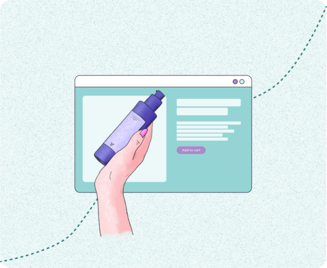 Ilustración de un producto en línea: patines naranjas y azules con opciones de color disponibles debajo.