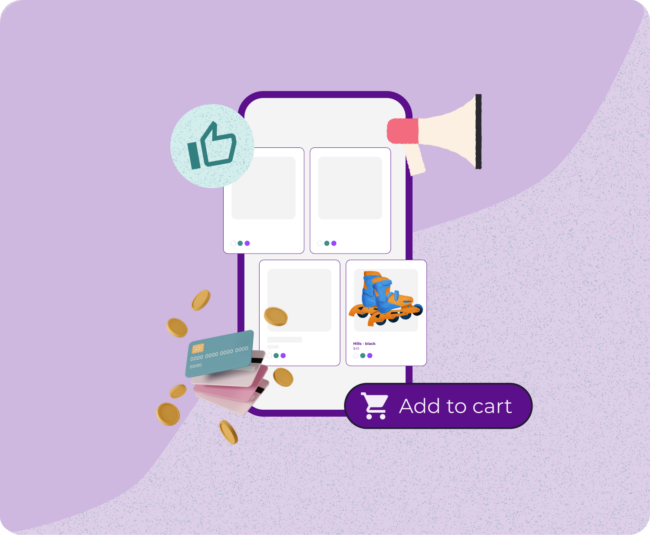 Ilustración de un estante digital en un smartphone con iconos de 'me gusta,' un altavoz, una tarjeta de crédito y un botón 'Agregar al carrito.