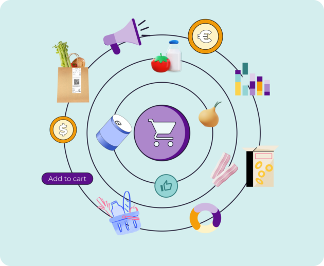 Ilustración de un carrito de compras en el centro rodeado por diferentes productos como alimentos, bebidas, artículos de cuidado personal y un altavoz, representando un ecosistema de compras.