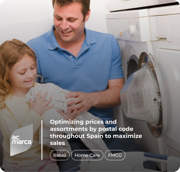 A man in a blue polo shirt and a young girl are doing laundry together. The man is kneeling in front of a washing machine, which has its door open, while the girl holds a pile of folded clothes. Overlay text reads: 'ac marca – Optimizing prices and assortments by postal code throughout Spain to maximize sales,' with 'Retail,' 'Home Care,' and 'FMCG' tags beneath.
