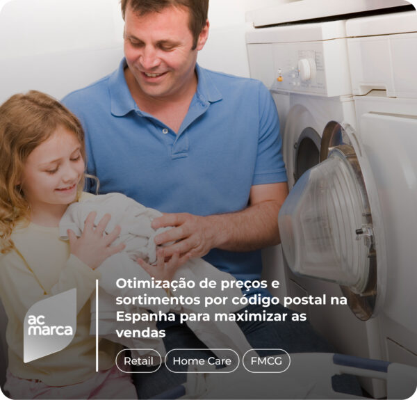 A man in a blue polo shirt and a young girl are doing laundry together. The man is kneeling in front of a washing machine, which has its door open, while the girl holds a pile of folded clothes. Overlay text reads: 'ac marca – Optimizing prices and assortments by postal code throughout Spain to maximize sales,' with 'Retail,' 'Home Care,' and 'FMCG' tags beneath.