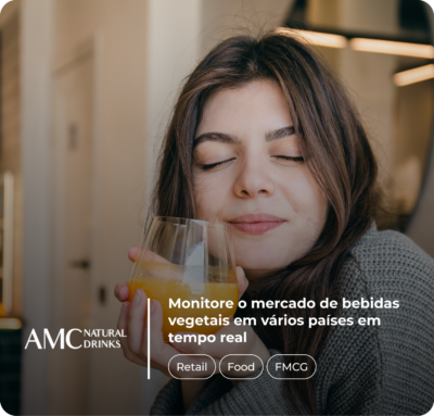 Mulher sorridente com suco de laranja, com o texto "Monitore o mercado de bebidas vegetais em múltiplos países em tempo real." As categorias "Retail", "Food" e "FMCG".