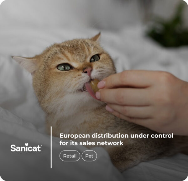 A close-up photo of a cat licking a treat from a person's hand. The text "European distribution under control for its sales network" and "Sanicat" is displayed below.