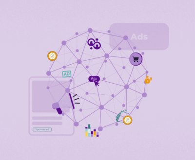 An illustration of a megaphone connected to a network of interconnected symbols representing various advertising elements, including dollar signs, shopping carts, a briefcase, and a bar chart.