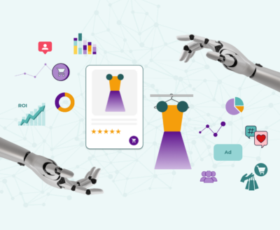 Robot hands interacting with digital shopping icons, product ads, and retail media elements.
