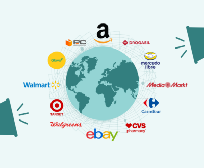 A globe surrounded by various retail brand logos, including PC, Amazon, Drogasil, Mercado Libre, Media Markt, Walmart, Target, Walgreens, eBay, and CVS Pharmacy, with two megaphones on either side.
