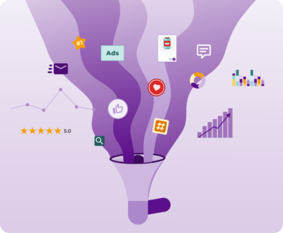 Digital marketing elements representing brand presence and influence. Elements include a #1 badge, an 'Ads' label, a product image, a like button, a heart symbol, a hashtag, a five-star rating, a search icon, an email icon, and graph charts. These elements are funneled down, symbolizing the process of consolidating brand visibility, customer engagement, and market conversation to measure and enhance Share of Voice.