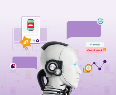 AI inventory robot, product stock levels, pricing, and ratings.