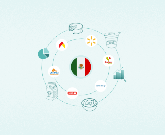 Imagen sobre el mercado digital de los lácteos en México con logos de supermercados y productos lácteos