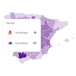 Map of Spain shaded in varying purple tones to represent data density or performance metrics, with a tooltip showing distribution data for Alcampo (15) and Carrefour (27).
