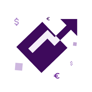 Purple upward arrow inside a stylized square, symbolizing growth and upward trends in retail analytics, with scattered purple shapes for a modern design.