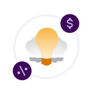 Icon featuring a yellow light bulb surrounded by a circle with a dollar symbol and a percentage sign, symbolizing innovation, pricing strategies, and financial insights in retail analytics.