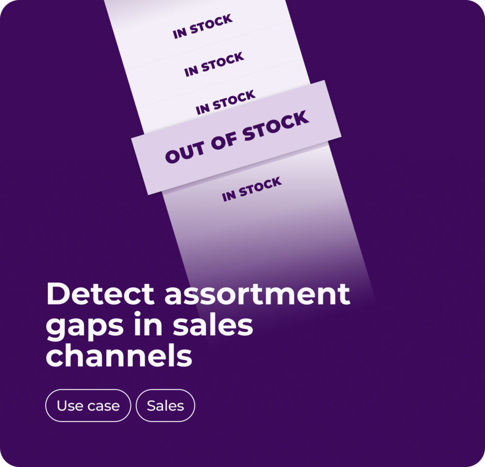 Illustration with the text 'Detectar faltas de surtido en los canales de venta' (Detect stock shortages in sales channels) over a purple background. Features a vertical list with 'IN STOCK' repeated and a highlighted 'OUT OF STOCK.' Includes buttons labeled 'Use case' and 'Ventas' (Sales).