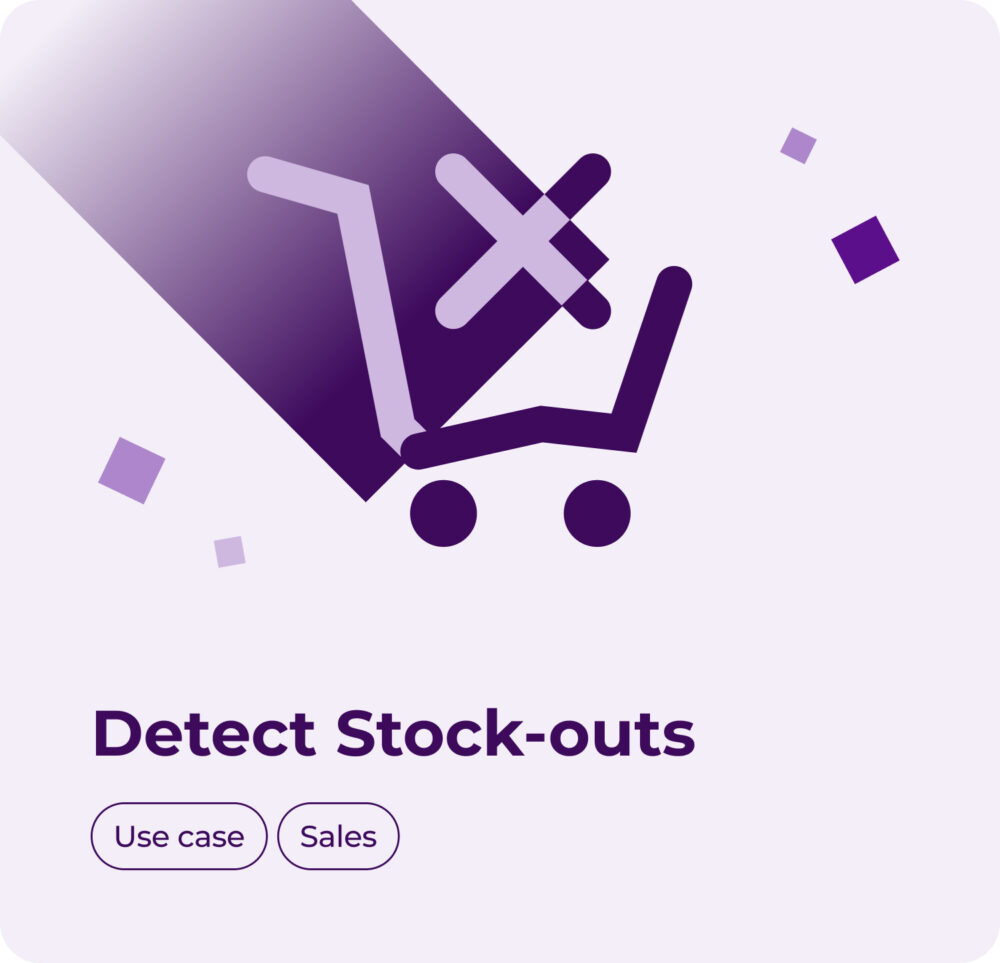 Illustration with the text 'Detectar roturas de stock' (Detect stockouts) over a light purple background. Features a shopping cart icon with an 'X' to symbolize stock depletion. Includes buttons labeled 'Use case' and 'Ventas' (Sales).
