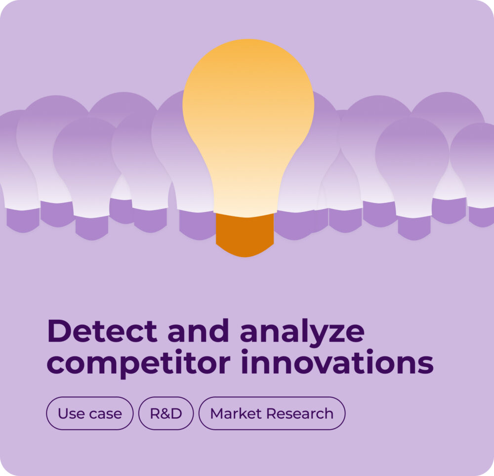 Purple background graphic featuring a glowing yellow light bulb among faded purple ones, symbolizing innovation. The text reads 'Detect and analyze competitor innovations,' with tags 'Use case,' 'R&D,' and 'Market Research.'