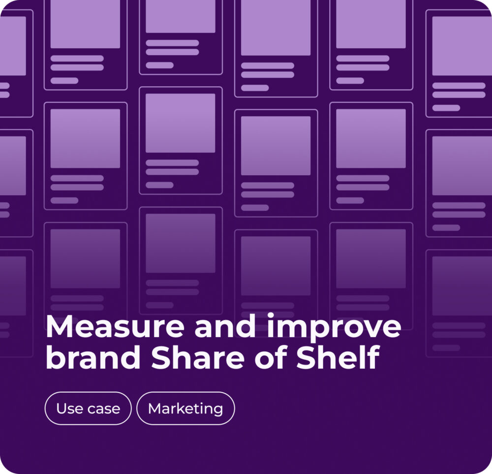 Dark purple-themed graphic with a grid of product cards, representing digital shelf presence. The text reads 'Measure and improve brand Share of Shelf,' with tags 'Use case' and 'Marketing,' focusing on brand visibility.