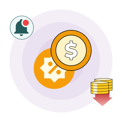 Illustration of a dollar coin, a discount tag, a notification bell with a red alert, and a stack of coins with a downward arrow, representing price changes, discounts, and financial alerts