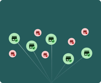A network diagram with store icons marked with green checks and red crosses, illustrating selective distribution channel management, authorized reseller tracking, and gray market control.