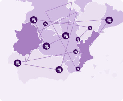 An interconnected schematic map of global store icons illustrating the breadth and real-time network of a retail product distribution and shelf-presence monitoring system.