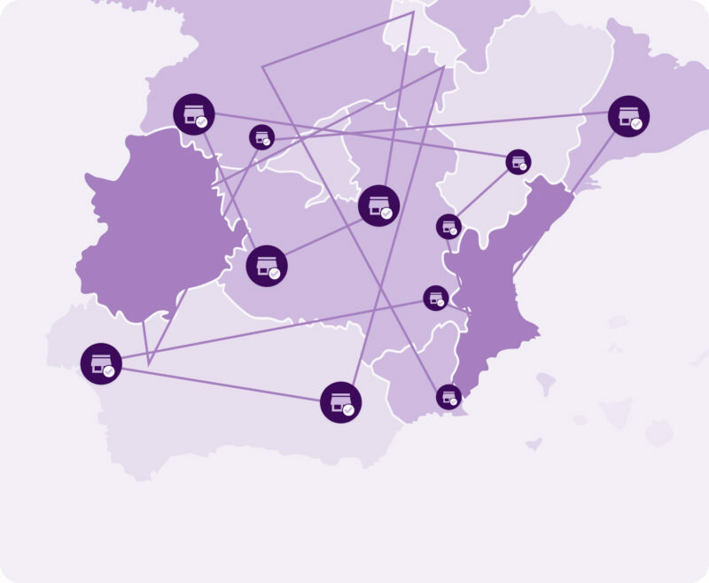 A network diagram with store icons marked with green checks and red crosses, illustrating selective distribution channel management, authorized reseller tracking, and gray market control.