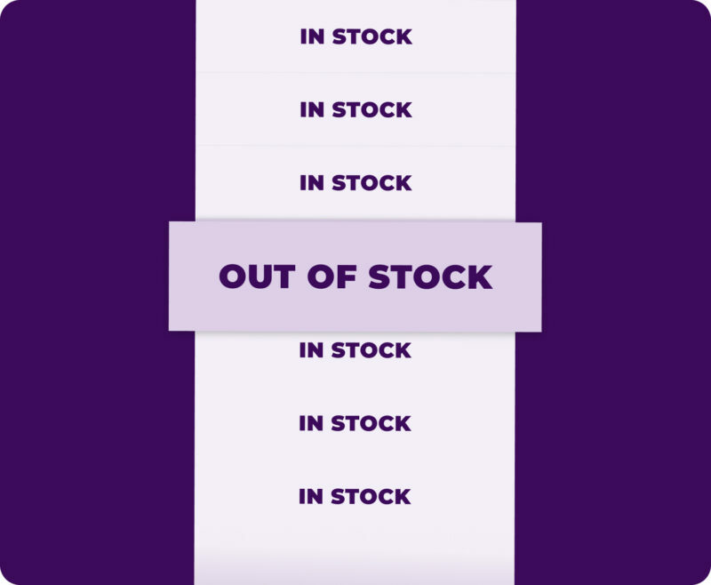 An inventory status interface highlighting an "Out of Stock" (Fuera de Stock) alert among available products for precise retail assortment gap analysis and management.