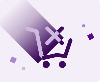 A shopping cart icon with a large "X" mark over a purple gradient background, symbolizing the detection of stockouts, lost sales, and e-commerce supply chain inefficiencies.