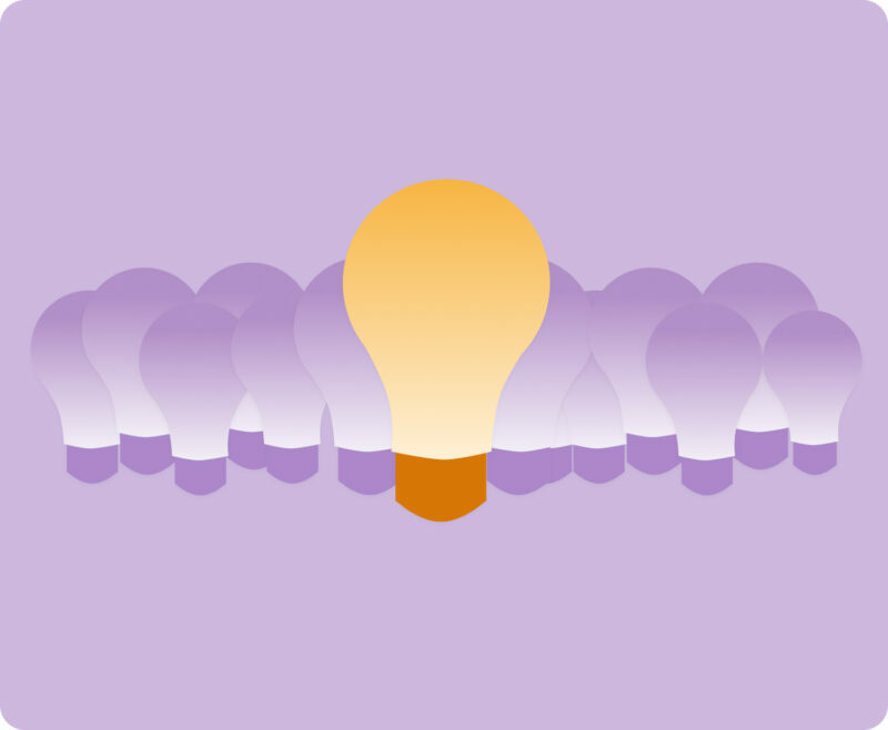 A visual concept of one prominent glowing lightbulb standing out from a group, representing active competitor new product launch tracking and market trend analysis.
