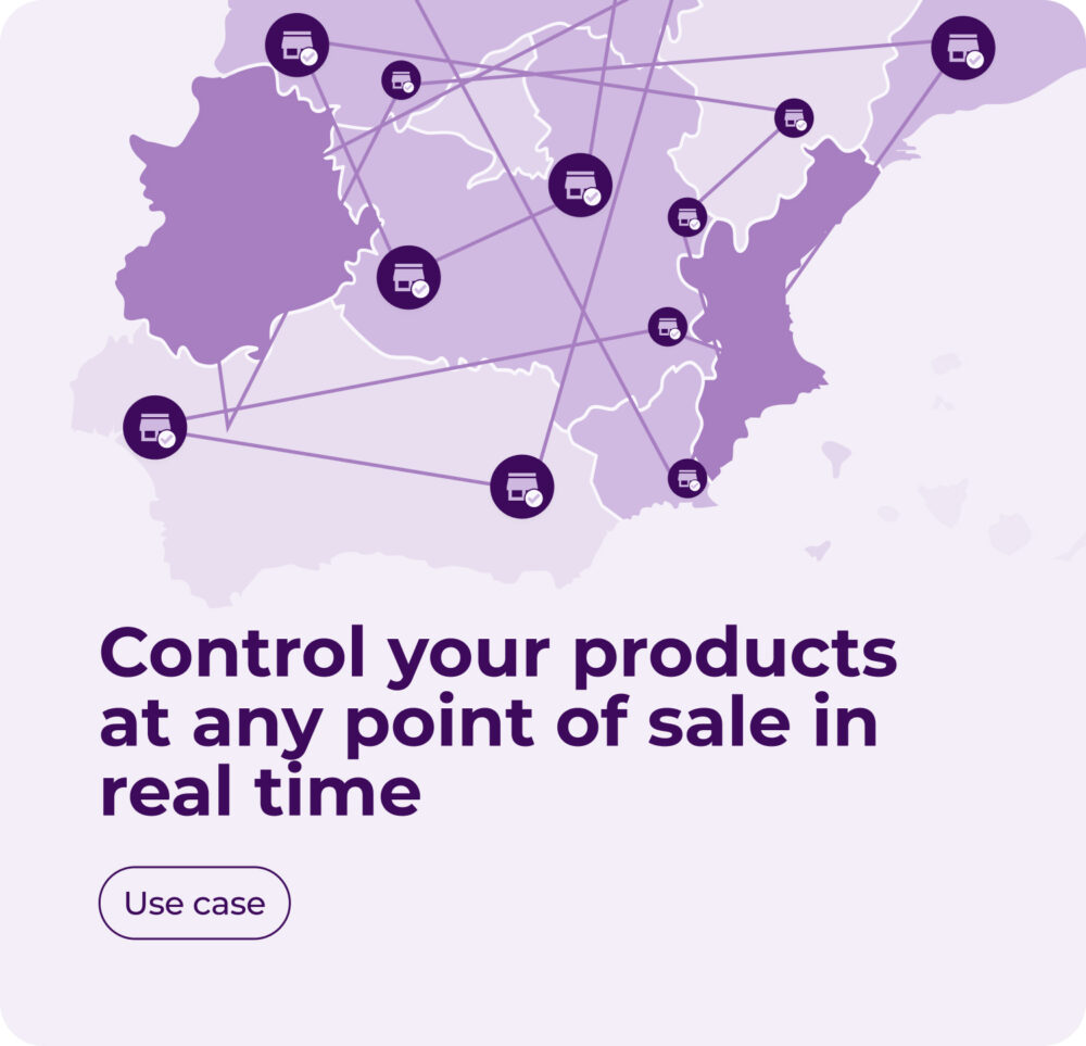 Illustration of a map with interconnected store icons, representing product monitoring across multiple locations. The text reads 'Control your products at any point of sale in real time,' with a 'Use case' button.