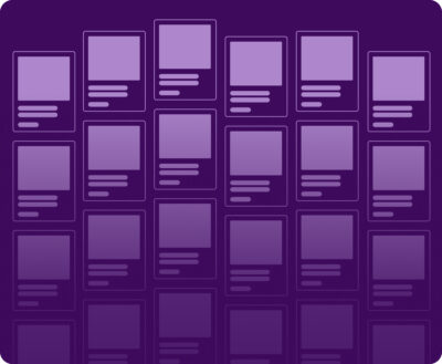 A grid of product card placeholders in different purple tones simulating the measurement of digital Share of Shelf and brand visibility across online retailers.
