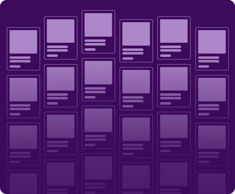 A grid of product card placeholders in different purple tones simulating the measurement of digital Share of Shelf and brand visibility across online retailers.