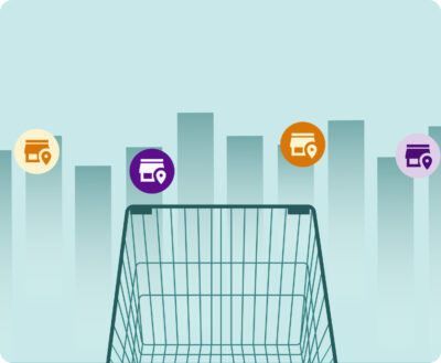 A shopping cart facing dynamic store location markers over a retail bar chart, representing zip-code-specific supermarket price and stock monitoring.