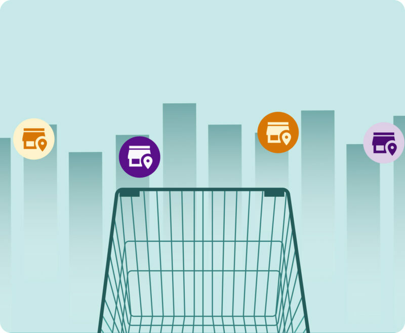 A shopping cart icon with a large "X" mark over a purple gradient background, symbolizing the detection of stockouts, lost sales, and e-commerce supply chain inefficiencies.