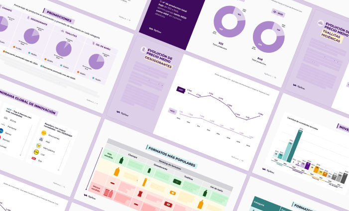 Collage de múltiples diapositivas con gráficos y tablas relacionados con el mercado de cuidado personal. Incluye gráficos circulares, líneas de tiempo y comparativas de formatos de productos como champús, desodorantes y geles de baño. Predominan colores pastel, especialmente púrpura, verde y rosa. Se destacan secciones como “Formatos más populares”, “Radar de innovación” y “Evolución del número de productos”. El diseño es profesional y estructurado para presentaciones ejecutivas.