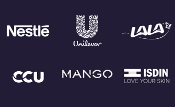Mejora presencia de marca-1 A collection of brand logos displayed on a dark purple background. The logos include well-known companies such as MANGO, Unilever, Nestlé, LALA, Hasbro, Motocard, Gucci, ISDIN, AMC Natural Drinks, Tolsa, CCU, and Loreal.