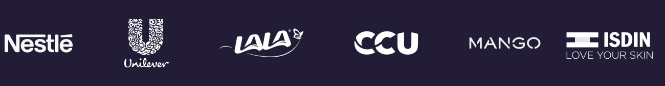 Mejora presencia de marca A collection of brand logos displayed on a dark purple background. The logos include well-known companies such as MANGO, Unilever, Nestlé, LALA, Hasbro, Motocard, Gucci, ISDIN, AMC Natural Drinks, Tolsa, CCU, and Loreal.