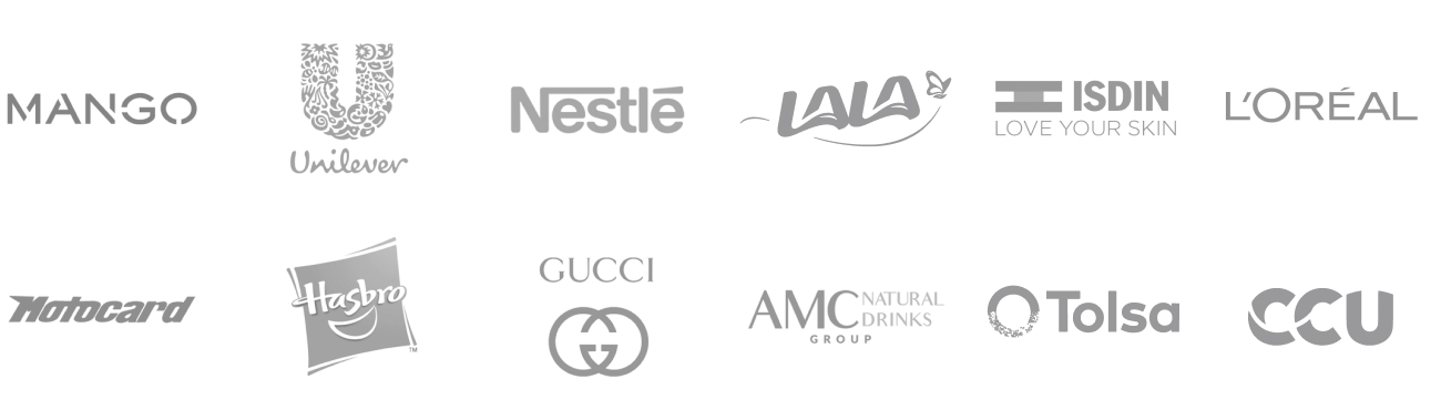 A collection of brand logos displayed on a dark purple background. The logos include well-known companies such as MANGO, Unilever, Nestlé, LALA, Hasbro, Motocard, Gucci, ISDIN, AMC Natural Drinks, Tolsa, CCU, and Loreal.