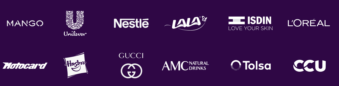 A collection of brand logos displayed on a dark purple background. The logos include well-known companies such as MANGO, Unilever, Nestlé, LALA, Hasbro, Motocard, Gucci, ISDIN, AMC Natural Drinks, Tolsa, CCU, and Loreal.