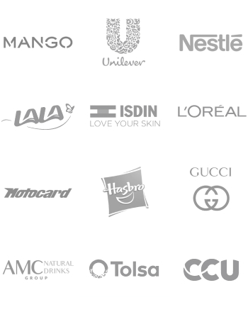 logos-2024-mobile-1 A collection of brand logos displayed on a dark purple background. The logos include well-known companies such as MANGO, Unilever, Nestlé, LALA, Hasbro, Motocard, Gucci, ISDIN, AMC Natural Drinks, Tolsa, CCU, and Loreal.