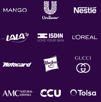 A collection of brand logos displayed on a dark purple background. The logos include well-known companies such as MANGO, Unilever, Nestlé, LALA, Hasbro, Motocard, Gucci, ISDIN, AMC Natural Drinks, Tolsa, CCU, and Loreal.