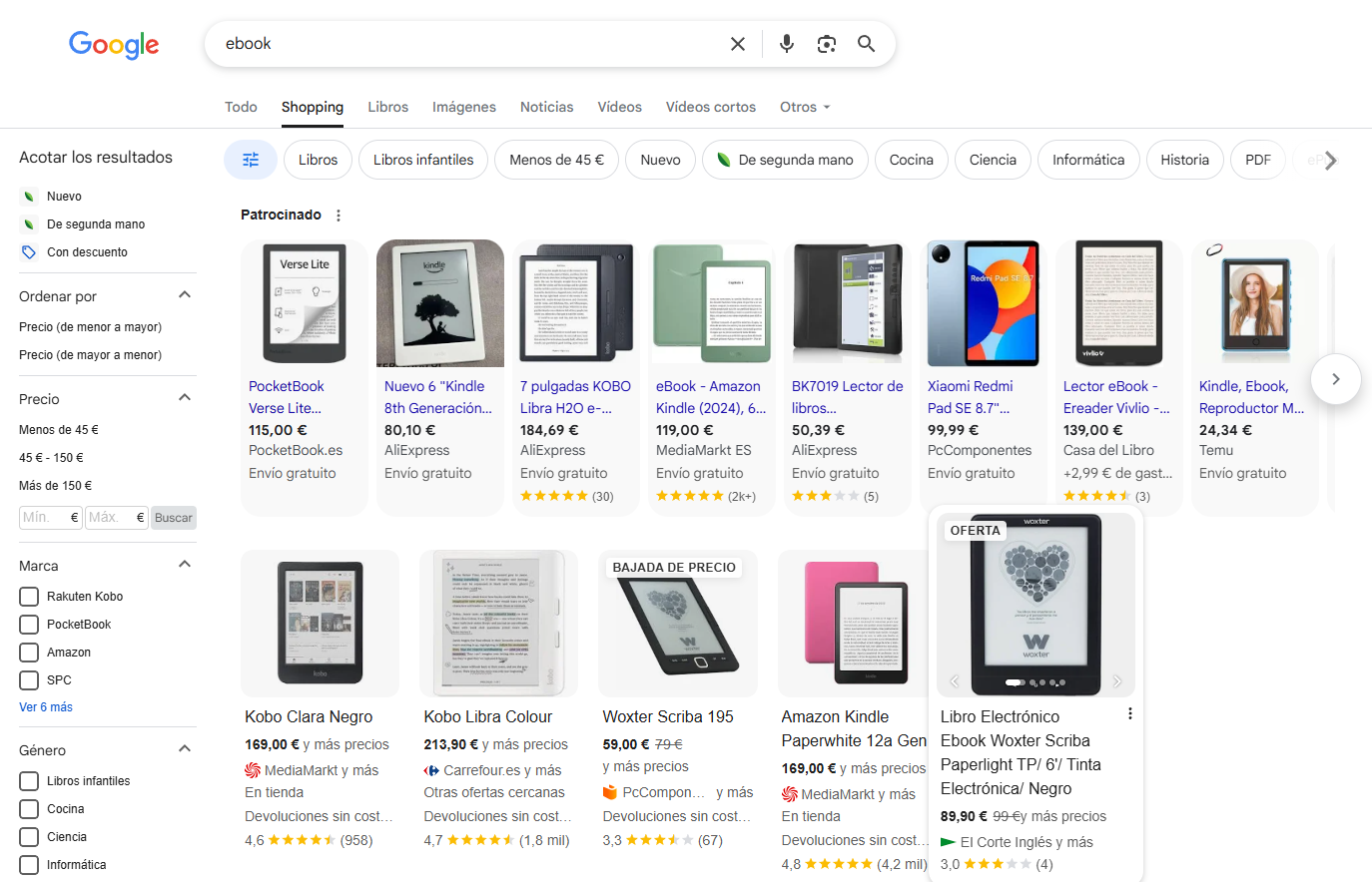 CAptura de búsqueda de productos vendidos por Amazon en Google Shopping