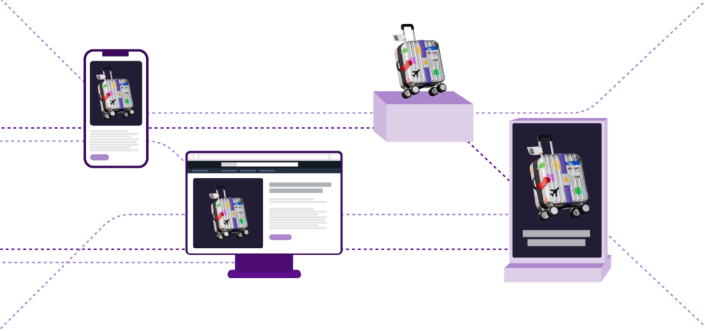 Produto (mala) exibido no celular, na web e em sinalização: distribuição de catálogo Omnichannel no Digital Shelf para o Varejo.