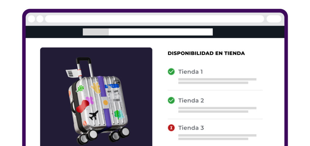 Página de produto com mala e módulo de disponibilidade na loja; integração Omnichannel entre eCommerce e Varejo