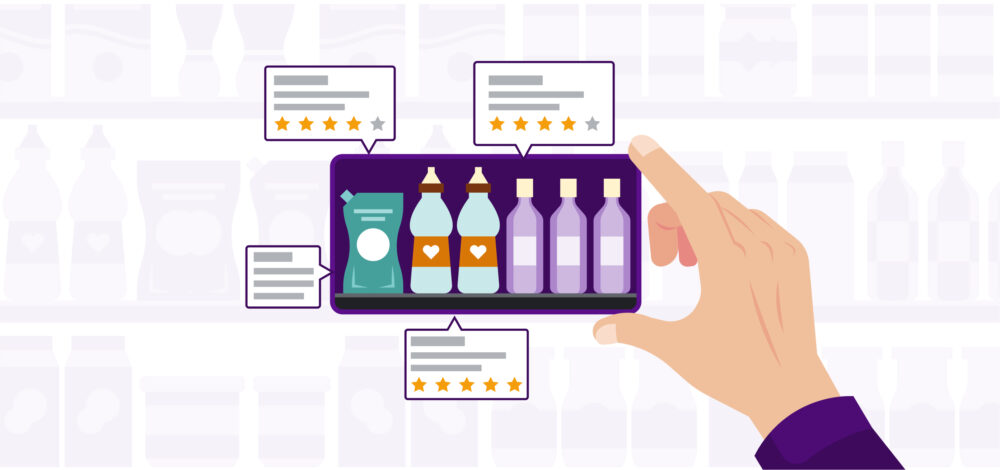 Mão avaliando produtos com resenhas em uma tela; experiência de compra no Varejo e no Digital Shelf