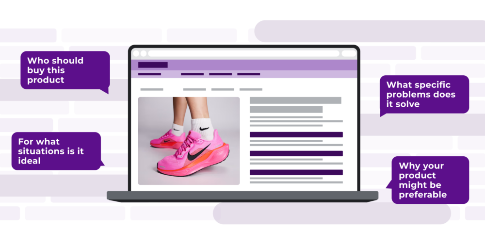 Illustration of a product sheet for pink trainers with speech bubbles guiding the wording: who should buy it, problems it solves, ideal situations and why it is preferable.