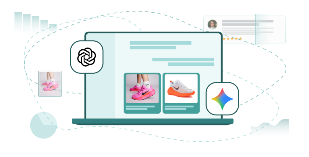 Laptop con Analítica del Digital Shelf (descripciones de zapatillas a partir de imágenes, reseñas y datos) con iconos de modelos de IA/LLMs.