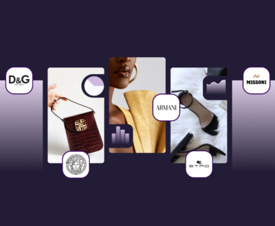 Lifestyle gallery of luxury items—fur coat, burgundy handbag, statement earrings, and black heels—with small overlay of brand logos.