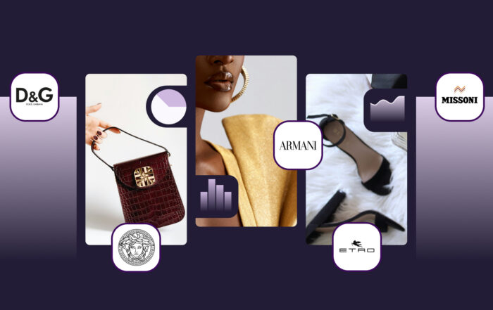 Lifestyle gallery of luxury items—fur coat, burgundy handbag, statement earrings, and black heels—with small overlay of brand logos.