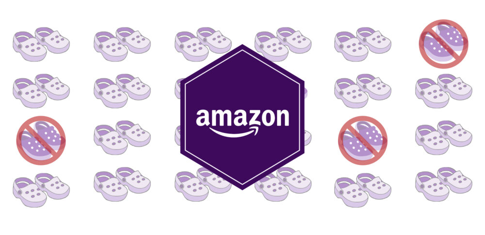 Amazon Project Zero: Patrón de zuecos lilas; dos pares tachados con símbolo de prohibido y, al centro, el logotipo de Amazon en un hexágono morado.